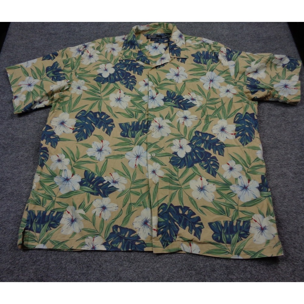 VTG Polo Ralph Lauren Loop Collar Shirt Men XL Blue Clayton Hawaiian Floral